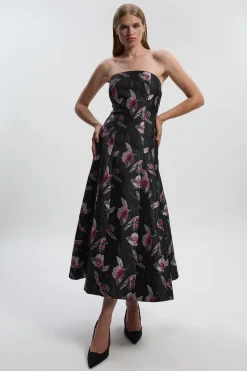 Robe Midi Bustier à Jupe Ample en Jacquard