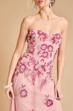 Robe Midi Bustier Premium À Ornements Floraux En Cascade
