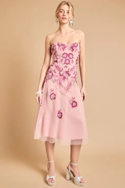 Robe Midi Bustier Premium À Ornements Floraux En Cascade