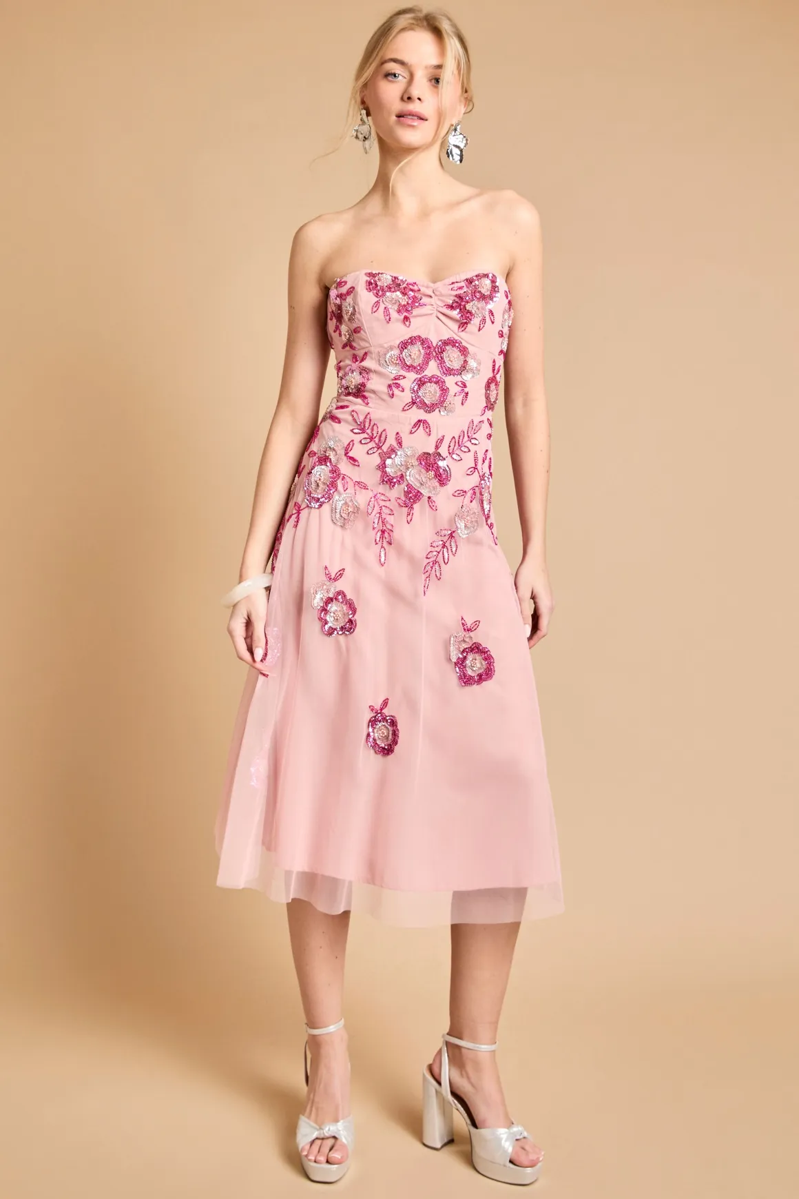 Robe Midi Bustier Premium À Ornements Floraux En Cascade