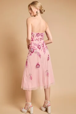 Robe Midi Bustier Premium À Ornements Floraux En Cascade