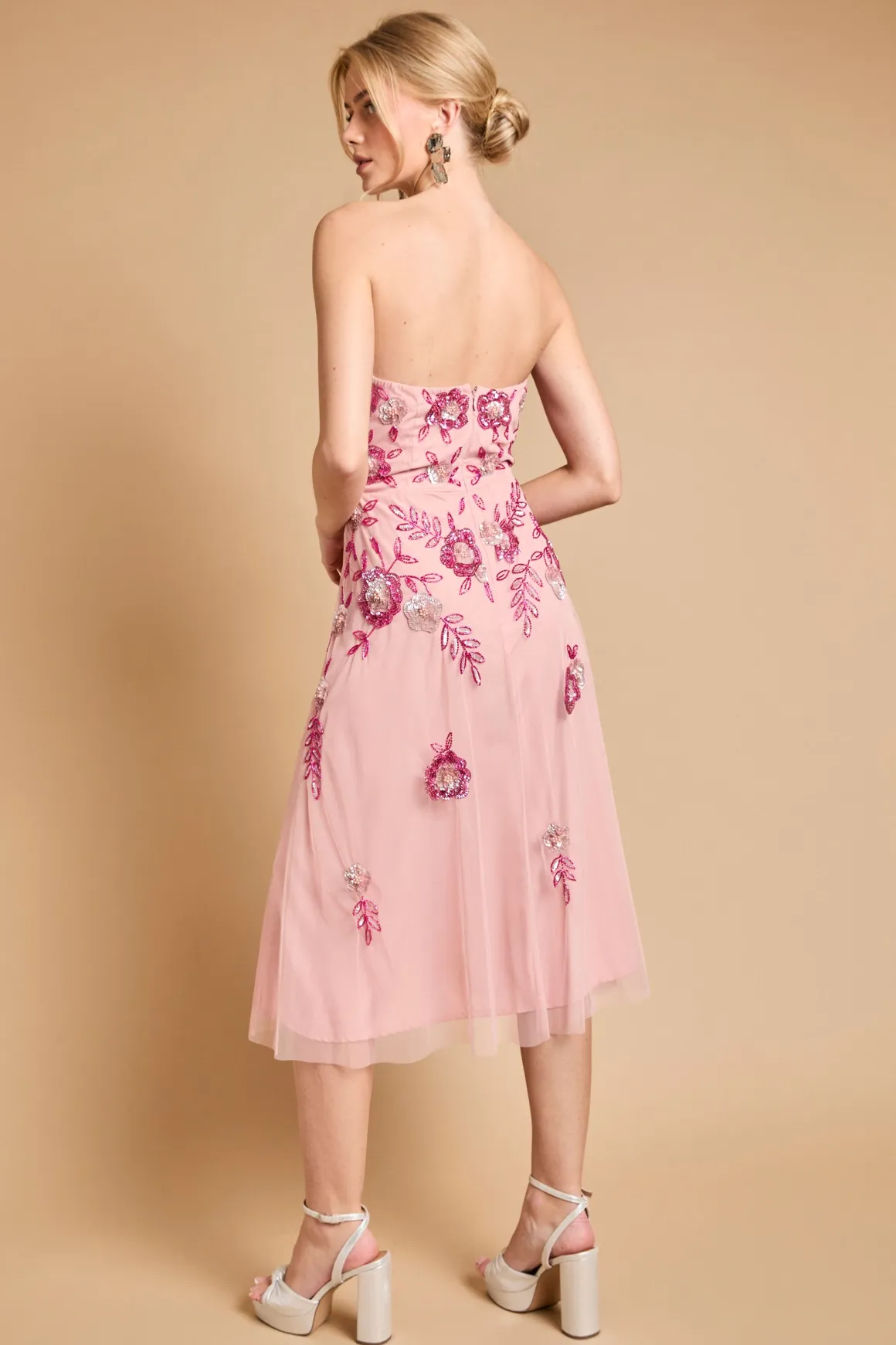 Robe Midi Bustier Premium À Ornements Floraux En Cascade