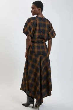 KarenMillen Robe Midi À Carreaux Avec Ourlet Asymétrique Et Finitions Synthétiquecuir<Femme Robes|Robes Mi-Longues
