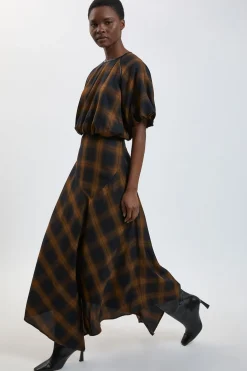 KarenMillen Robe Midi À Carreaux Avec Ourlet Asymétrique Et Finitions Synthétiquecuir<Femme Robes|Robes Mi-Longues