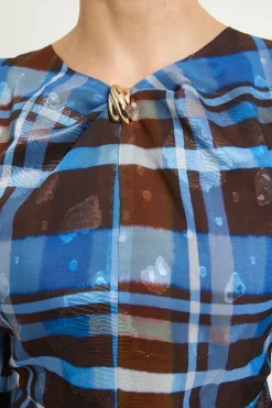 Robe Midi À Carreaux Dévorés Avec Col Torsadé