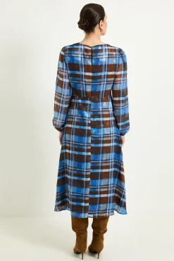 Robe Midi À Carreaux Dévorés Avec Col Torsadé