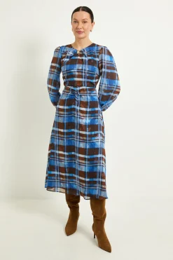 Robe Midi À Carreaux Dévorés Avec Col Torsadé