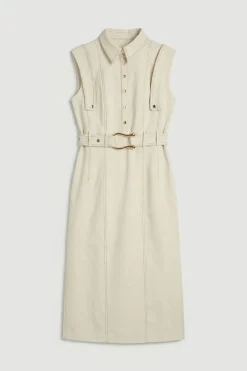Robe Midi Ceinturée Ajustée Avec Détails De Surpiqûres