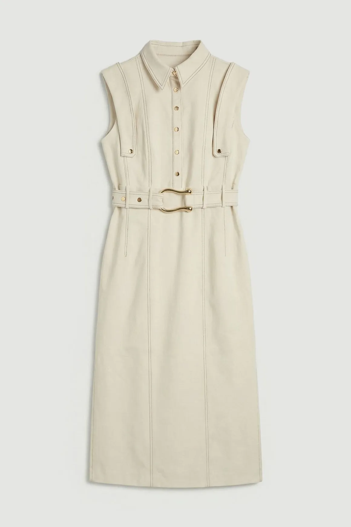 Robe Midi Ceinturée Ajustée Avec Détails De Surpiqûres