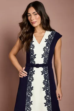 Robe Midi Ceinturée À Blocs De Couleur Avec Finitions En Dentelle