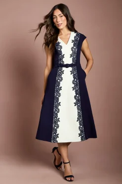 Robe Midi Ceinturée À Blocs De Couleur Avec Finitions En Dentelle