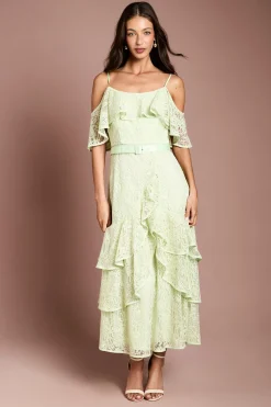 Robe Midi Ceinturée À Bretelles Avec Détails De Dentelle Et Volants