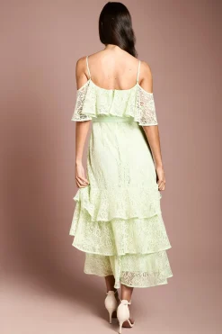 Robe Midi Ceinturée À Bretelles Avec Détails De Dentelle Et Volants
