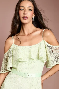 Robe Midi Ceinturée À Bretelles Avec Détails De Dentelle Et Volants