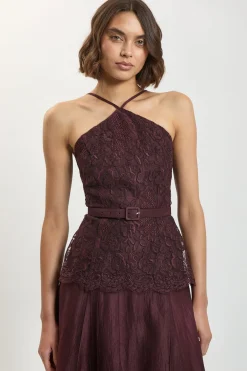 Robe Midi Ceinturée À Col Halter En Satin Texturé Et Dentelle