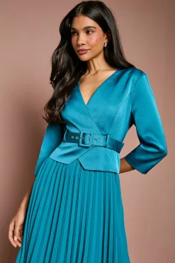 Robe Midi Ceinturée d'Invitée de Mariage à Corsage Satiné, Manches ¾ et Jupe Plissée
