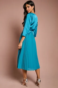 Robe Midi Ceinturée d'Invitée de Mariage à Corsage Satiné, Manches ¾ et Jupe Plissée