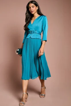 Robe Midi Ceinturée d'Invitée de Mariage à Corsage Satiné, Manches ¾ et Jupe Plissée