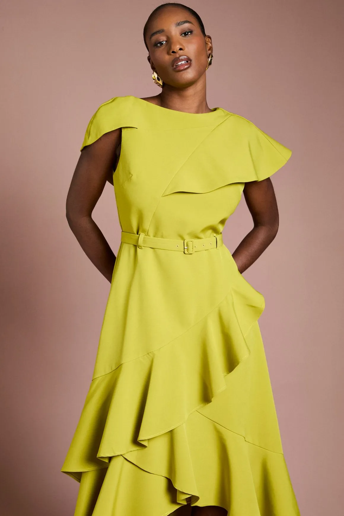 Robe Midi Ceinturée en Crêpe Cascade
