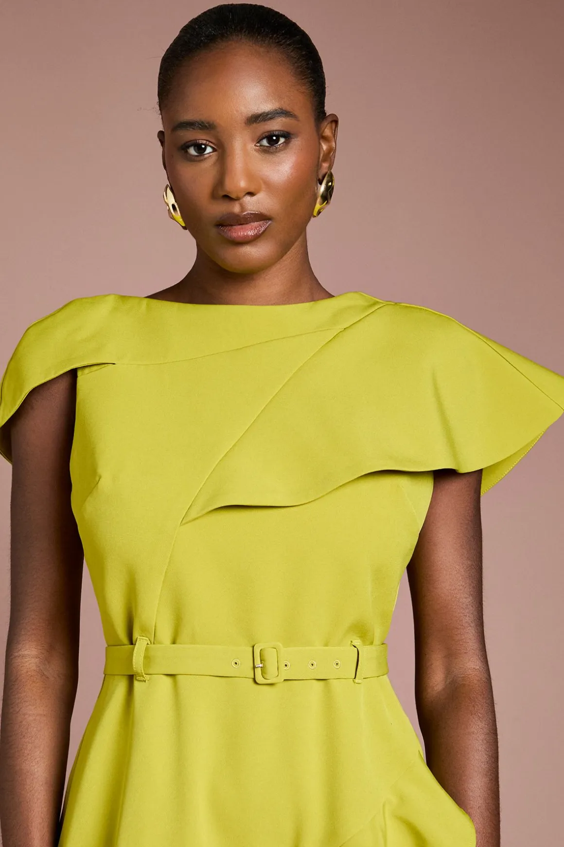 Robe Midi Ceinturée en Crêpe Cascade
