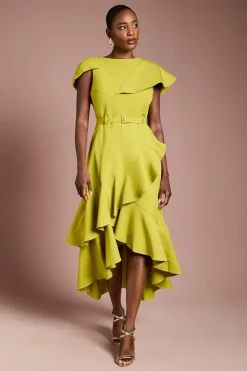 Robe Midi Ceinturée en Crêpe Cascade