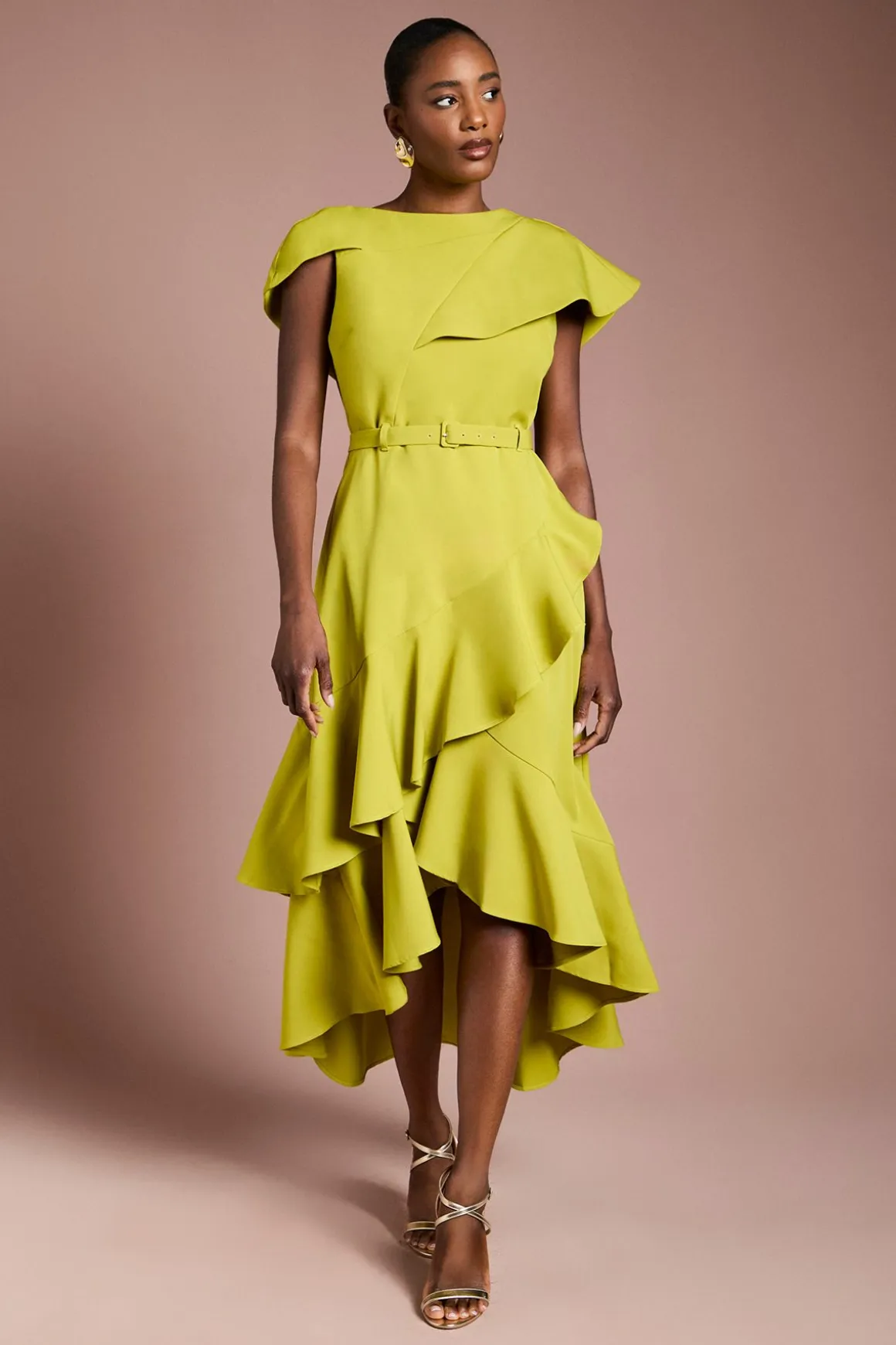 Robe Midi Ceinturée en Crêpe Cascade