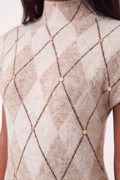 Robe Midi Ceinturée En Maille Cosy Mélangée De Laine À Motif Losanges Cloutés
