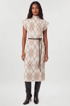 Robe Midi Ceinturée En Maille Cosy Mélangée De Laine À Motif Losanges Cloutés