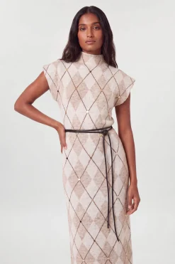 Robe Midi Ceinturée En Maille Cosy Mélangée De Laine À Motif Losanges Cloutés