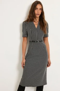 Robe Midi Ceinturée En Ponte À Carreaux