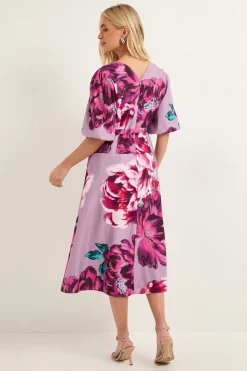 Robe Midi Ceinturée en Sergé Fleuri Petite Taille
