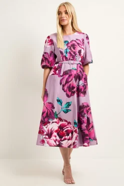 Robe Midi Ceinturée en Sergé Fleuri Petite Taille
