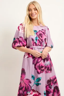 Robe Midi Ceinturée en Sergé Fleuri Petite Taille