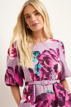 Robe Midi Ceinturée en Sergé Fleuri Petite Taille