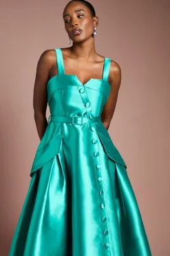 Robe Midi Ceinturée en Sergé Volumineuse