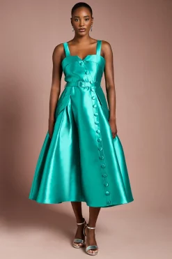 Robe Midi Ceinturée en Sergé Volumineuse