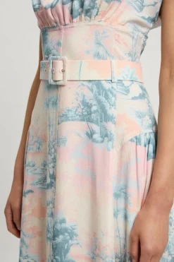 KarenMillen Robe Midi Ceinturée À Imprimé Paysage Et Surpiqûres Contrastées<Femme Robes|Robes Mi-Longues