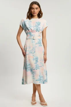 KarenMillen Robe Midi Ceinturée À Imprimé Paysage Et Surpiqûres Contrastées<Femme Robes|Robes Mi-Longues