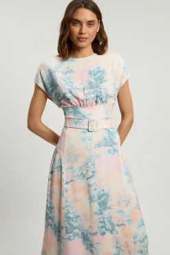 KarenMillen Robe Midi Ceinturée À Imprimé Paysage Et Surpiqûres Contrastées<Femme Robes|Robes Mi-Longues