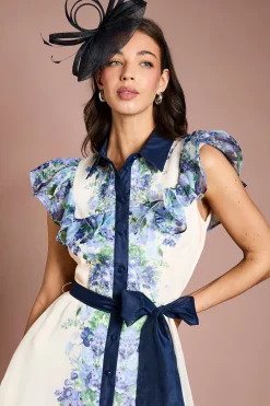 Robe Midi Ceinturée à Manches Volantées et Imprimé Placé