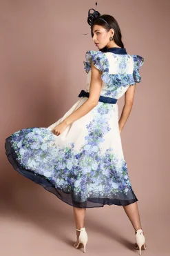 Robe Midi Ceinturée à Manches Volantées et Imprimé Placé
