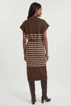 Robe Midi Ceinturée À Rayures En Maille Côtelée Mélangée Laine