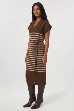Robe Midi Ceinturée À Rayures En Maille Côtelée Mélangée Laine