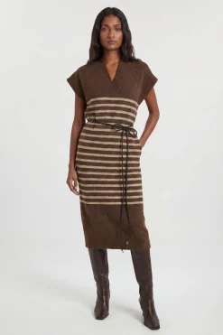 Robe Midi Ceinturée À Rayures En Maille Côtelée Mélangée Laine