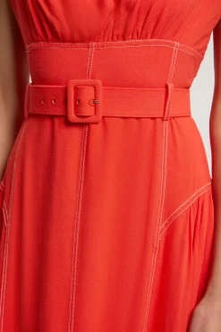 Robe Midi Ceinturée À Surpiqûres Contrastées
