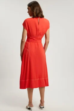 Robe Midi Ceinturée À Surpiqûres Contrastées