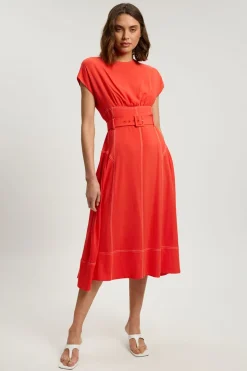 Robe Midi Ceinturée À Surpiqûres Contrastées