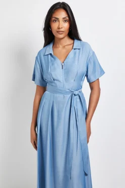 Robe Midi Ceinturée à Zip Effet Denim Petite Taille