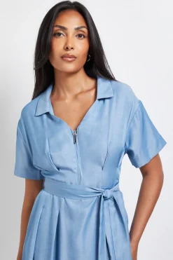 Robe Midi Ceinturée à Zip Effet Denim Petite Taille