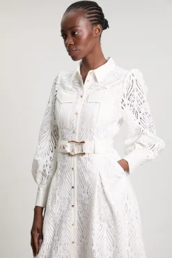 KarenMillen Robe Midi Chemise En Coton Tissé Ajouré Petite<Femme Robes Mi-Longues|Robes À Manches Longues